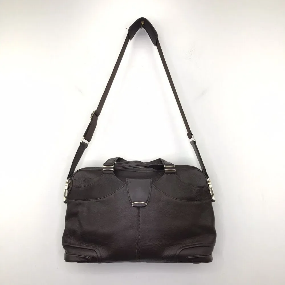 Tumi Messenger Bag Leather Adjustable Straps Zippers Pockets Logo Brown Flaw